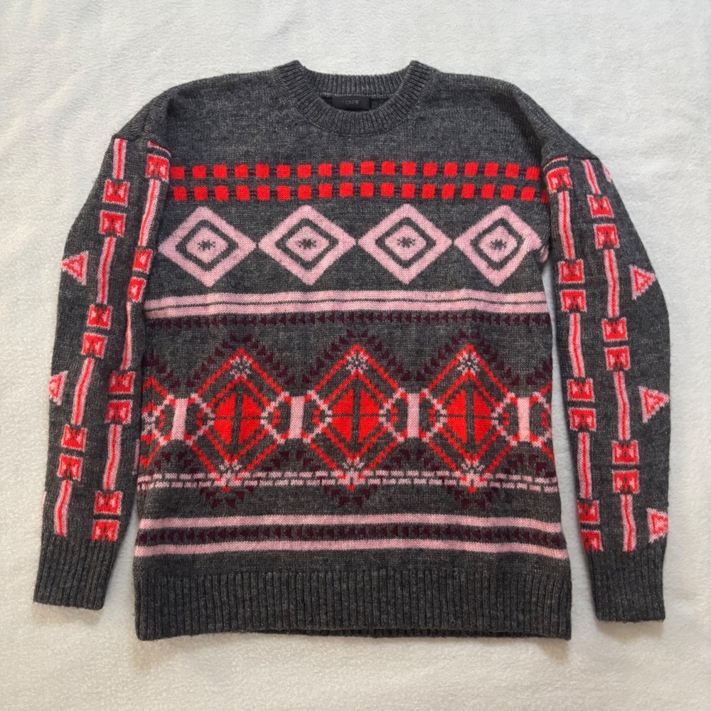 J.Crew Womens Fair Isle Mohair Wool Blend Sweater Gray Red Pink XS RN77388